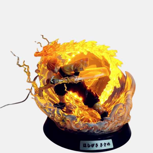 Figurine de Zenitsu Agatsuma de Demon Slayer exécutant le Premier Mouvement du Souffle de la Foudre, l'Éclair Foudroyant, entouré d'éclairs.