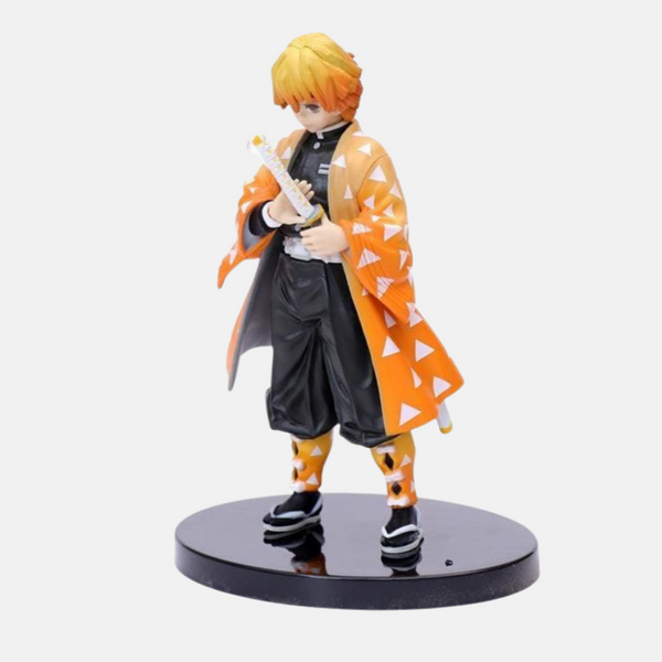 Vue de dos de la figurine Zenitsu Agatsuma montrant son haori jaune à motifs triangulaires.