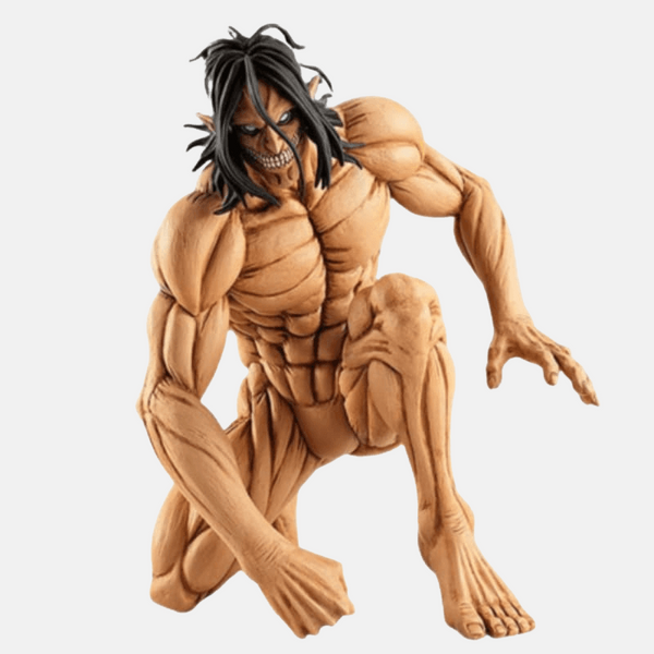 Figurine Eren Titan, pose accroupie, cheveux longs noirs