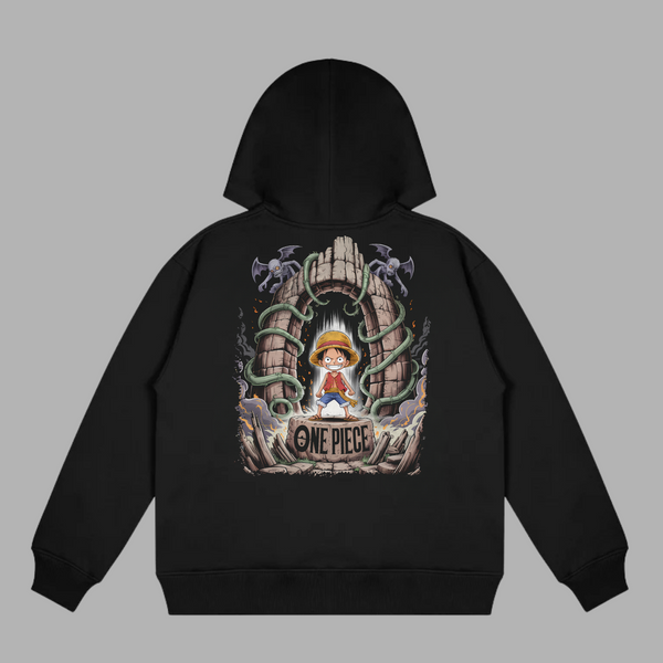 Hoodie Luffy Portail Mystique noir, illustration détaillée au dos, univers One Piece