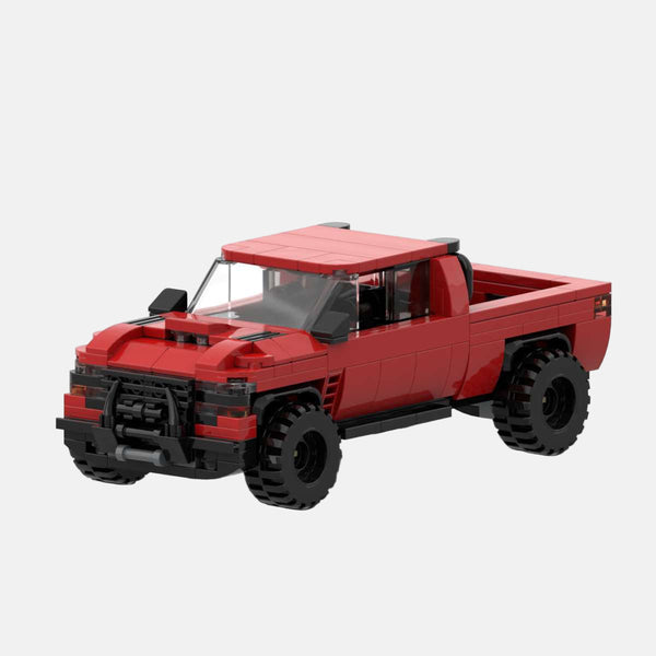 Vue de dessus du modèle de Dodge Ram 1500 TRX en briques, montrant le toit et le capot.