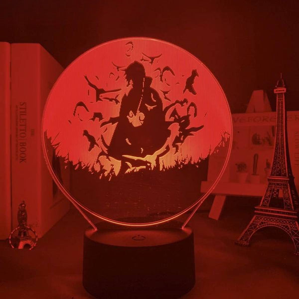 Lampe LED Itachi vue de face, lumière rouge intense, design silhouette