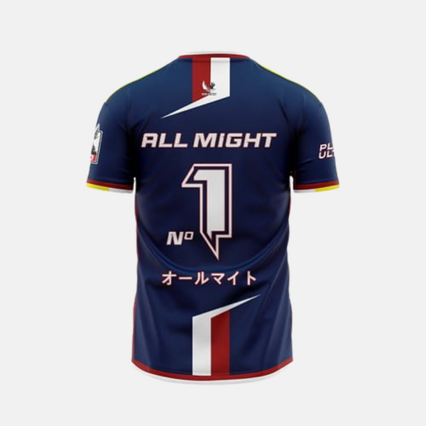 Maillot de foot d'All Might de My Hero Academia posé à plat, montrant la qualité du tissu en polyester