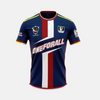 Vue de face du maillot de foot conceptuel d'All Might, montrant le design bleu et le blason "One For All".