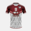 Vue de face du maillot de foot conceptuel de Baki Hanma, montrant le design bordeaux et blanc.