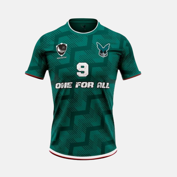 Vue de face du maillot de foot conceptuel d'Izuku Midoriya, montrant le design vert et le blason "One For All".