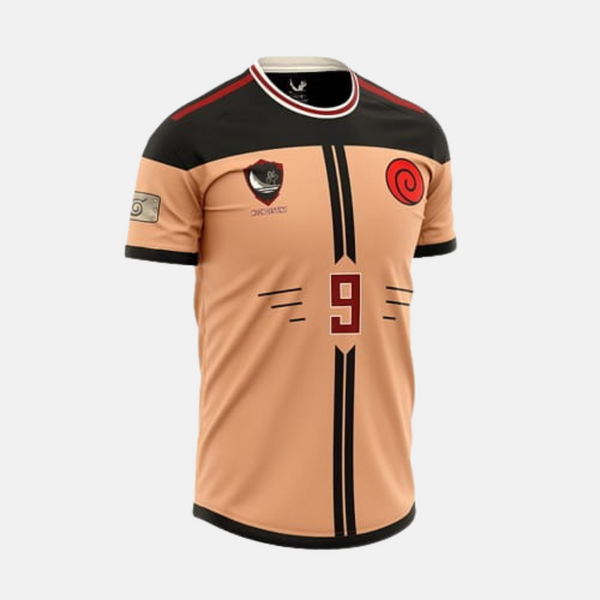 Maillot de foot de Naruto Uzumaki de Naruto posé à plat, montrant la qualité du tissu en polyester.