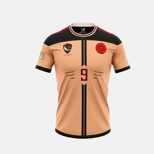 Vue de face du maillot de foot conceptuel de Naruto Uzumaki, montrant le design orange et noir et le blason Uzumaki