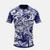 Vue de face du maillot de foot conceptuel de Satoru Gojo, montrant le design cosmique bleu et blanc.