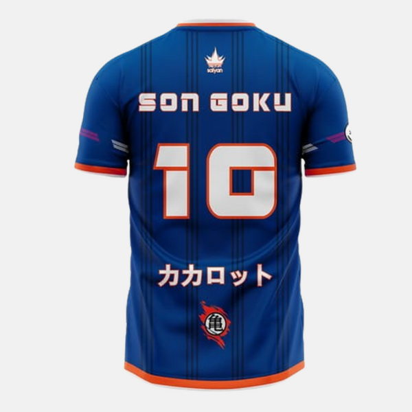 Vue de dos du maillot de foot Son Goku x France, montrant le nom "SON GOKU" et le numéro 10.