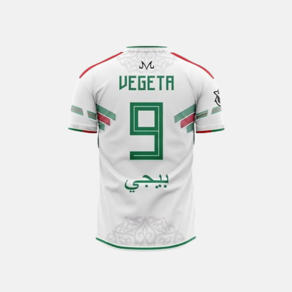 Vue de dos du maillot de foot Vegeta x Algérie, montrant le nom "VEGETA" et le numéro 9.