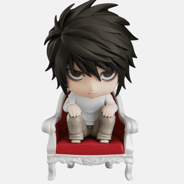 Mini-figurine articulée L Lawliet assis sur chaise rouge - Chibi style 8cm
