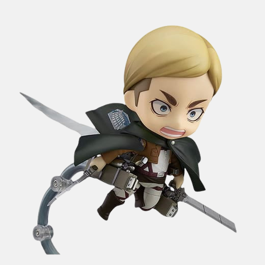 Nendoroid d'Erwin Smith en pose de combat, équipé de son équipement tridimensionnel et de ses lames, monté sur son socle articulé.