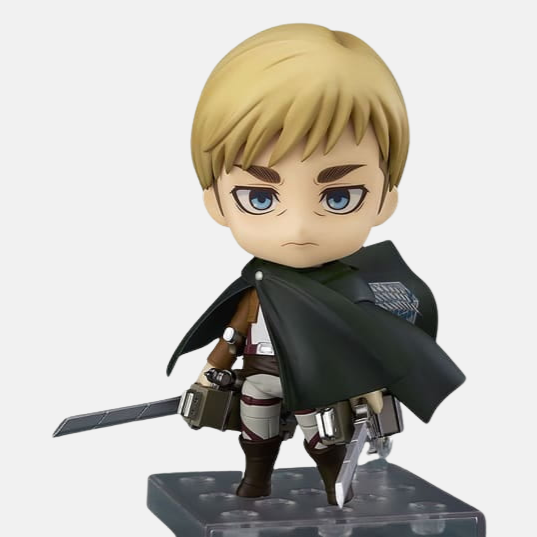 Nendoroid d'Erwin Smith avec son visage de cri, en train de donner un ordre de bataille, un bras en avant.