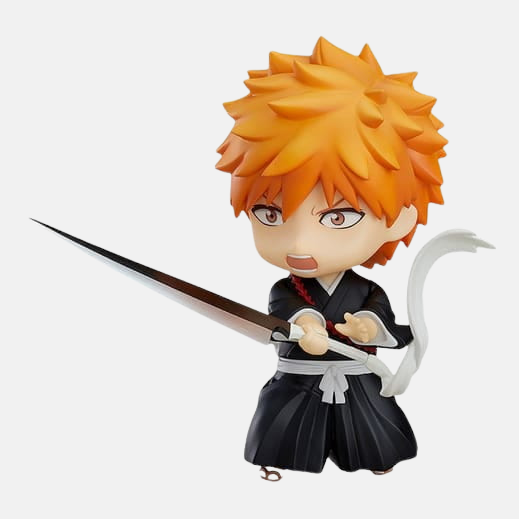 Nendoroid de Ichigo Kurosaki en pose de combat, avec son visage de cri et son Zanpakutō tenu à deux mains, prêt à frapper.