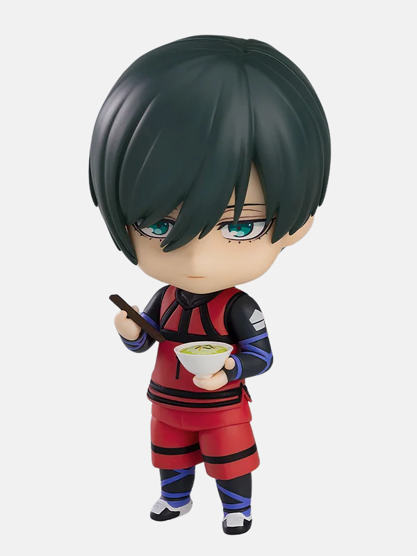 Nendoroid Itoshi Rin sans sa veste, en pose dynamique avec une expression de visage intense, comme s'il criait sur le terrain.