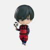 Nendoroid Itoshi Rin en pose standard, regard froid, portant sa tenue de footballeur Blue Lock et sa veste.