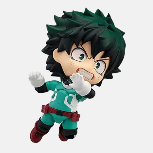 Nendoroid de Izuku Midoriya en pleine attaque, avec des effets de puissance "SMASH" sur son poing.
