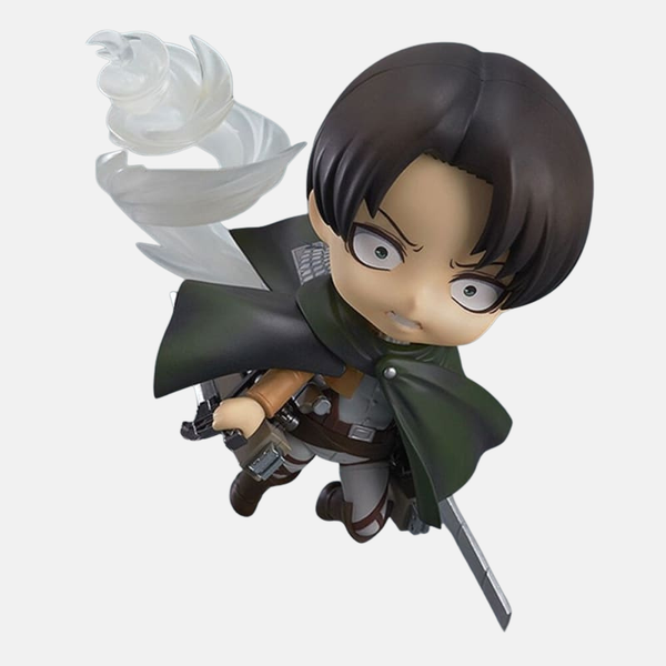 Nendoroid de Livaï Ackerman en pose de combat aérienne, équipé de son équipement tridimensionnel et de ses lames, avec son visage de combat.