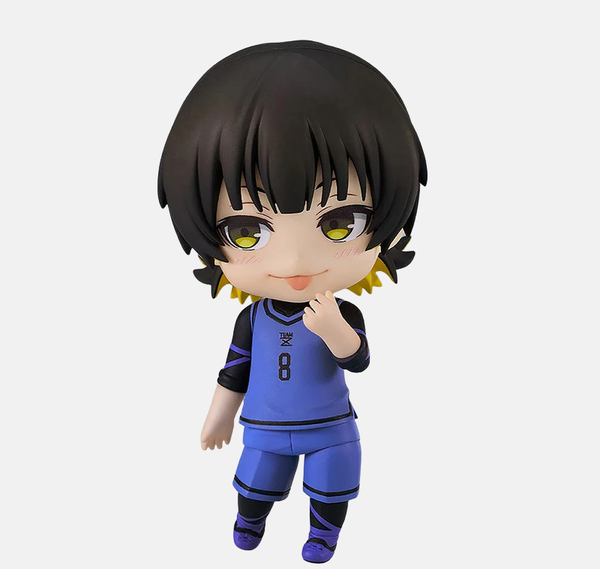 Nendoroid de Meguru Bachira tenant un ballon de foot, avec son visage souriant standard. Il porte sa tenue de footballeur Blue Lock.