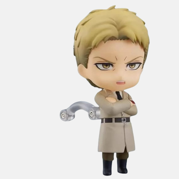 Nendoroid de Reiner Braun avec son visage tourmenté et ses lames dégainées, prêt au combat.