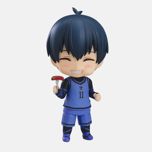 Nendoroid de Yoichi Isagi vu de profil, montrant les détails de sa tenue et de ses cheveux noirs.