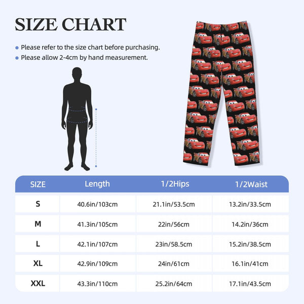 Tableau de guide des tailles pour le pantalon pyjama Cars homme, avec les mesures en centimètres.