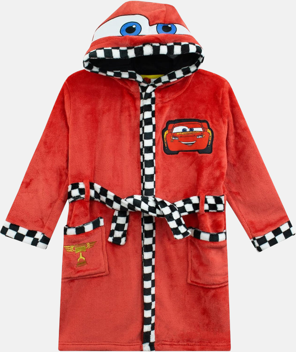 Peignoir rouge pour enfant Flash McQueen, avec capuche, ceinture à damier et poches.