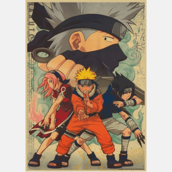 Poster de l'Équipe 7 réunie, avec Naruto Uzumaki, Sasuke Uchiha, Sakura Haruno et Kakashi Hatake de l'anime Naruto.