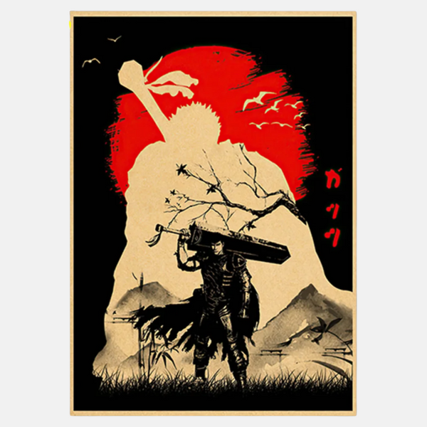 Poster artistique de Guts, le Chevalier Noir de Berserk, avec son épée Dragonslayer devant un soleil rouge sang.