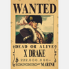 Avis de recherche de X Drake, dit l'étendard rouge, membre de la Pire Génération et capitaine de l'unité SWORD dans One Piece.