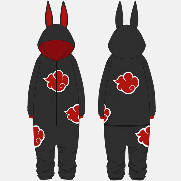 Pyjama combinaison (onesie) noir avec des nuages rouges Akatsuki, inspiré du manteau de l'organisation dans Naruto Shippuden, vu de face avec capuche.