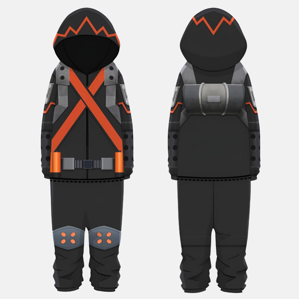 Pyjama combinaison (onesie) noir et orange inspiré du costume stealth de Bakugo dans My Hero Academia: World Heroes' Mission, vu de face.