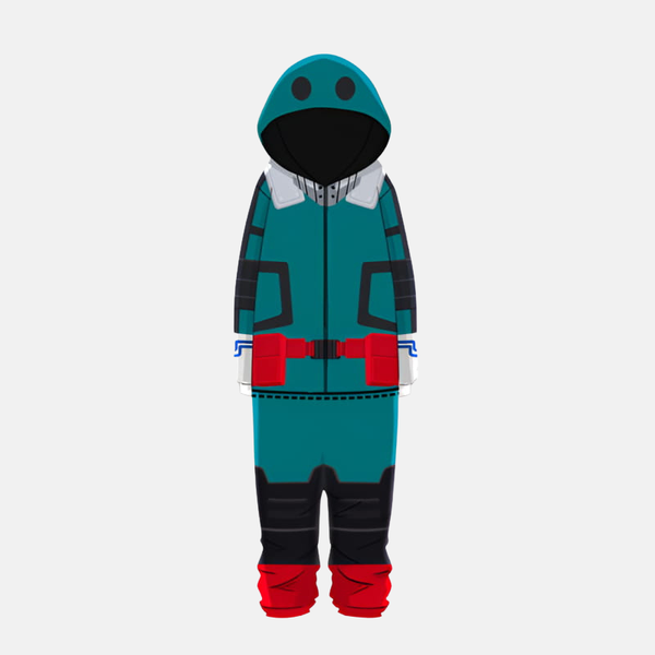 Pyjama combinaison (onesie) vert et noir inspiré du costume Gamma de Deku (Izuku Midoriya) de My Hero Academia, vu de face, avec capuche.