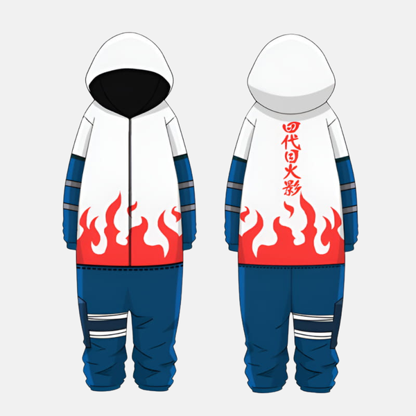 Pyjama combinaison (onesie) blanc avec des flammes rouges sur le bas et une capuche, inspiré de la cape de Hokage de Minato Namikaze.