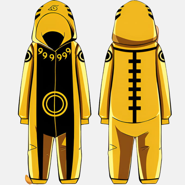 Pyjama combinaison (onesie) jaune/or avec marques noires et sceau, inspiré du Mode Sage Rikudô de Naruto Uzumaki, vu de face avec capuche.