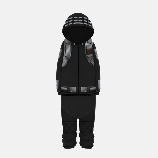 Pyjama combinaison (onesie) noir avec détails blancs/rouges inspiré du costume stealth de Shoto Todoroki dans My Hero Academia: World Heroes' Mission, vu de face.