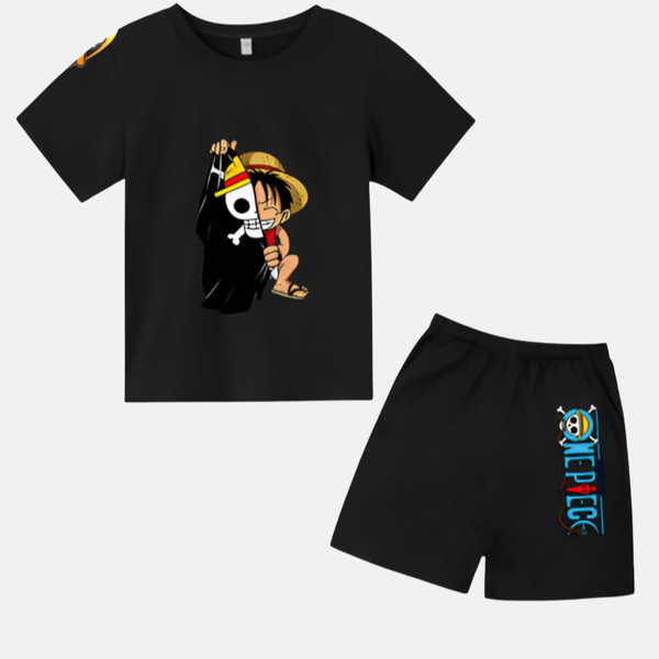 Ensemble pyjama court noir pour adulte, T-shirt avec design de Luffy post-ellipse et short assorti.