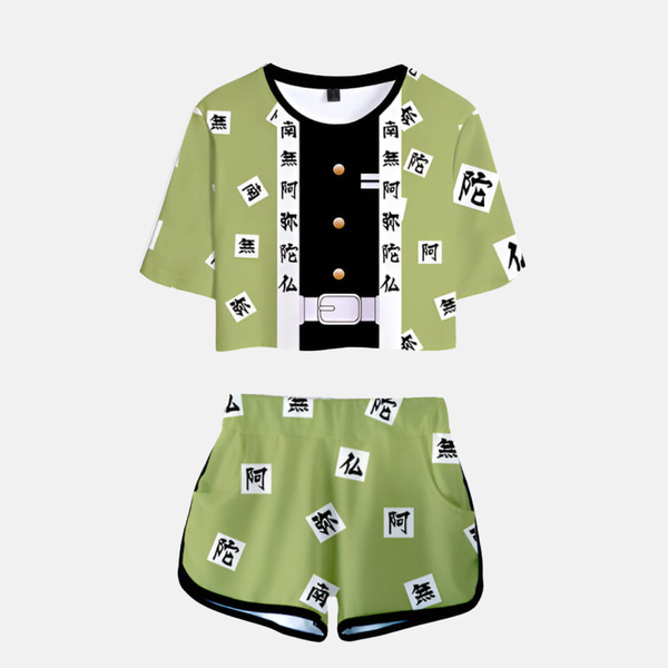 Pyjama crop top et short tanga Gyomei Himejima Demon Slayer femme - Motif vert iconique