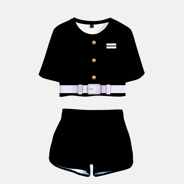 Pyjama crop top et short Murata Demon Slayer femme - Vue de face de l'ensemble noir