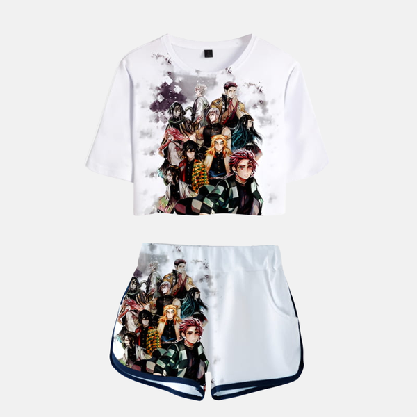 Pyjama crop top et short tanga Piliers Demon Slayer femme - Vue de face de l'ensemble Hashira