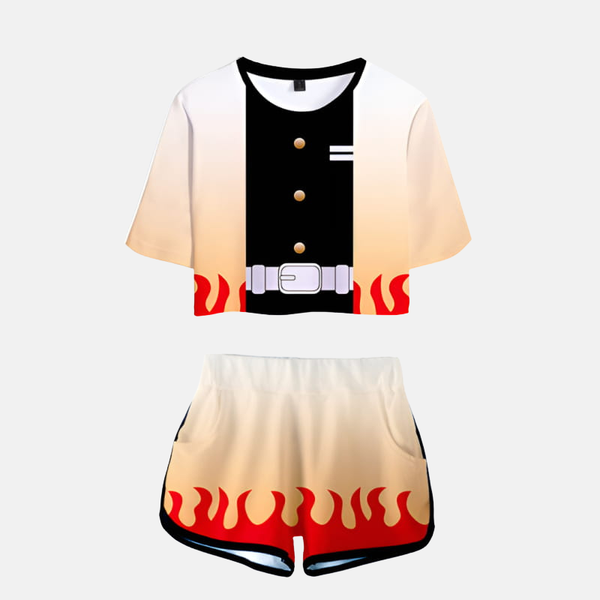 Pyjama crop top et short tanga Rengoku Kyojuro Demon Slayer femme - Motif flamme emblématique