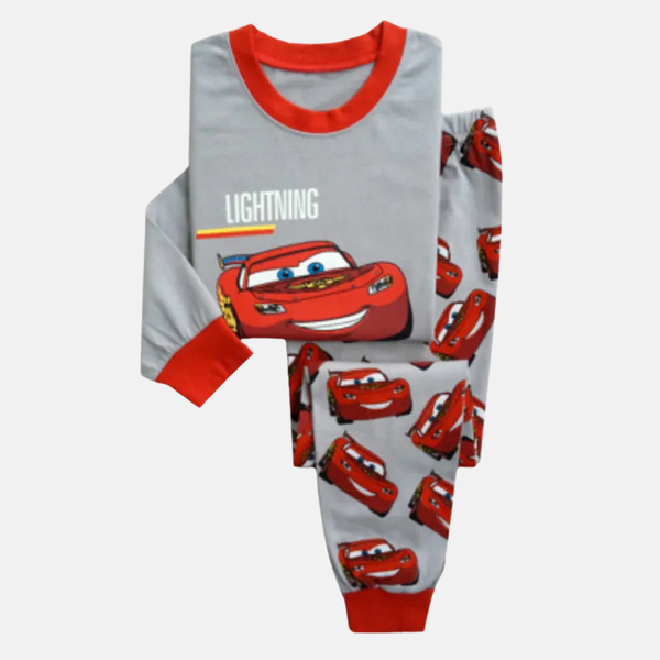 Pyjama enfant 2 pièces Lightning McQueen, avec haut gris à manches rouges et impression de Flash, et pantalon gris à motifs.