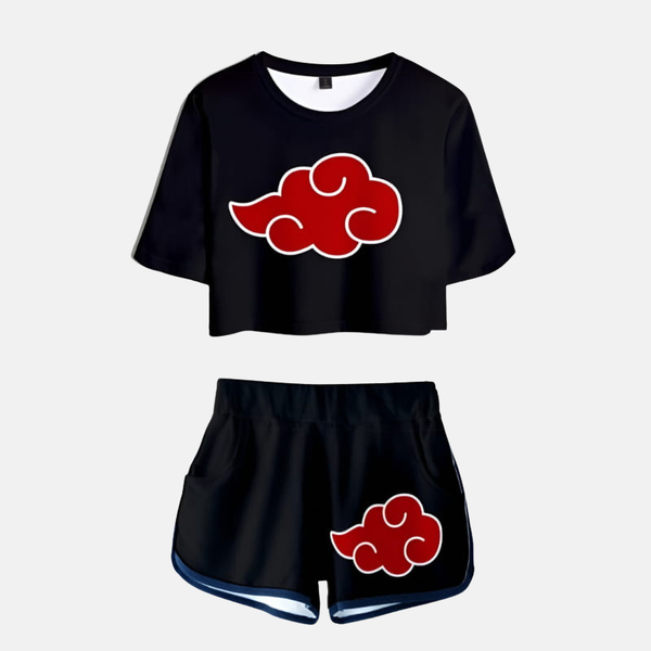Ensemble pyjama femme noir : crop top avec grand nuage rouge Akatsuki, short assorti avec détails rouges.