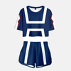 Ensemble pyjama femme My Hero Academia : crop top et short assorti bleu, blanc et rouge, inspiré de l'uniforme de sport de la Classe 1-A de Yuei.