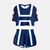 Ensemble pyjama femme My Hero Academia : crop top et short assorti bleu, blanc et rouge, inspiré de l'uniforme de sport de la Classe 1-A de Yuei.
