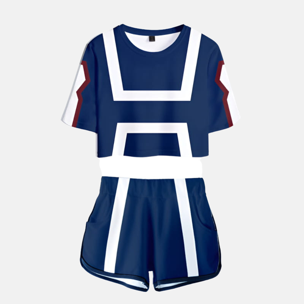 Ensemble pyjama femme My Hero Academia : crop top et short assorti bleu, blanc et rouge, inspiré de l'uniforme de sport de la Classe 1-A de Yuei.
