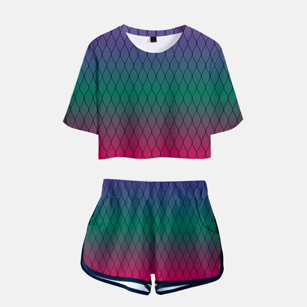 Ensemble pyjama femme Demon Slayer : crop top et short noirs avec motifs colorés inspirés de l'obi de Daki (Sixième Lune Supérieure).