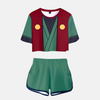 Ensemble pyjama femme Naruto : crop top vert avec détails rouges et symbole "Abura", short vert assorti. Inspiré de Jiraiya.