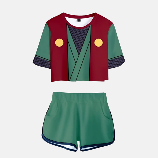 Ensemble pyjama femme Naruto : crop top vert avec détails rouges et symbole "Abura", short vert assorti. Inspiré de Jiraiya.